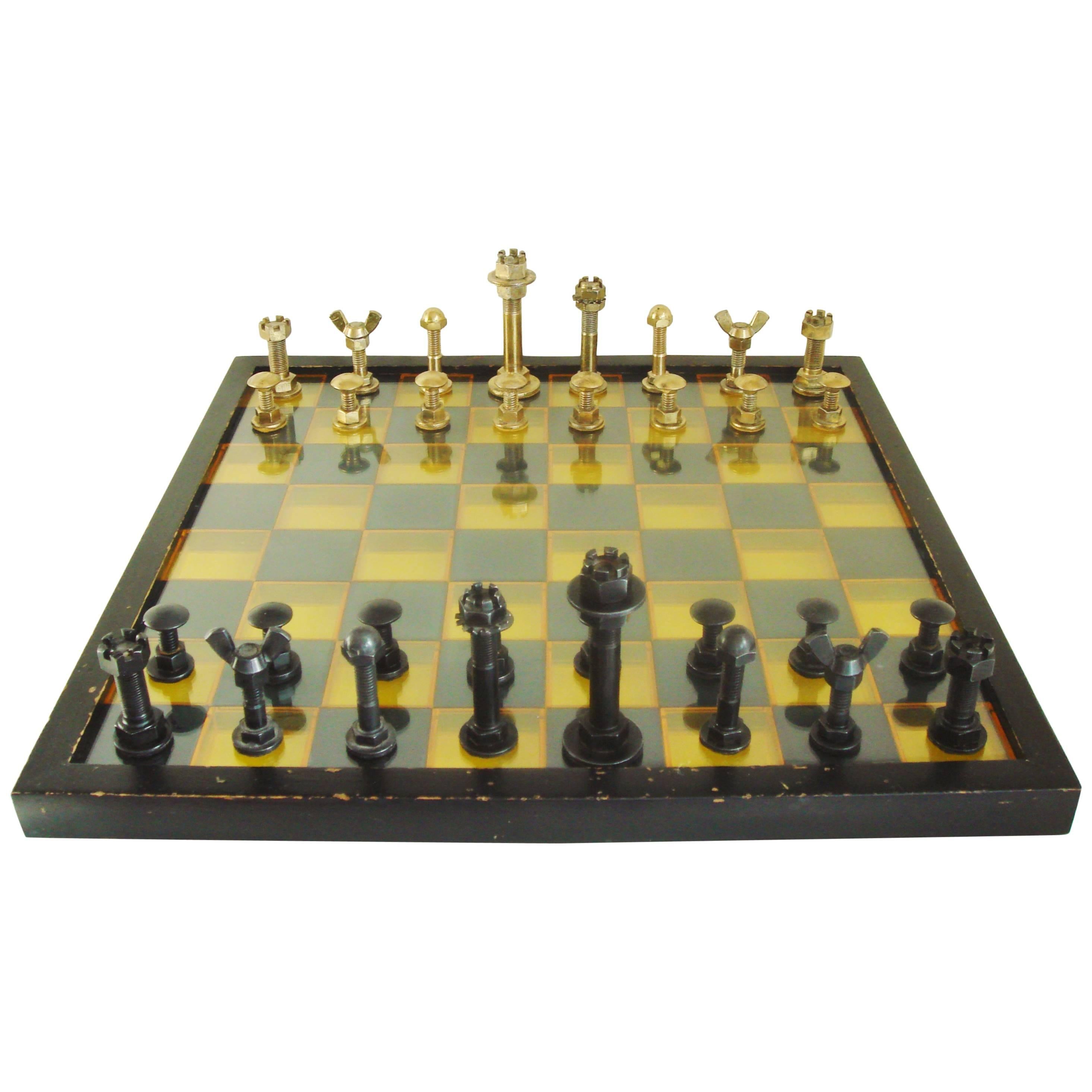 Large Mid-Century Modern Industrial Chess Set with 3D Polychrome Lucite Board