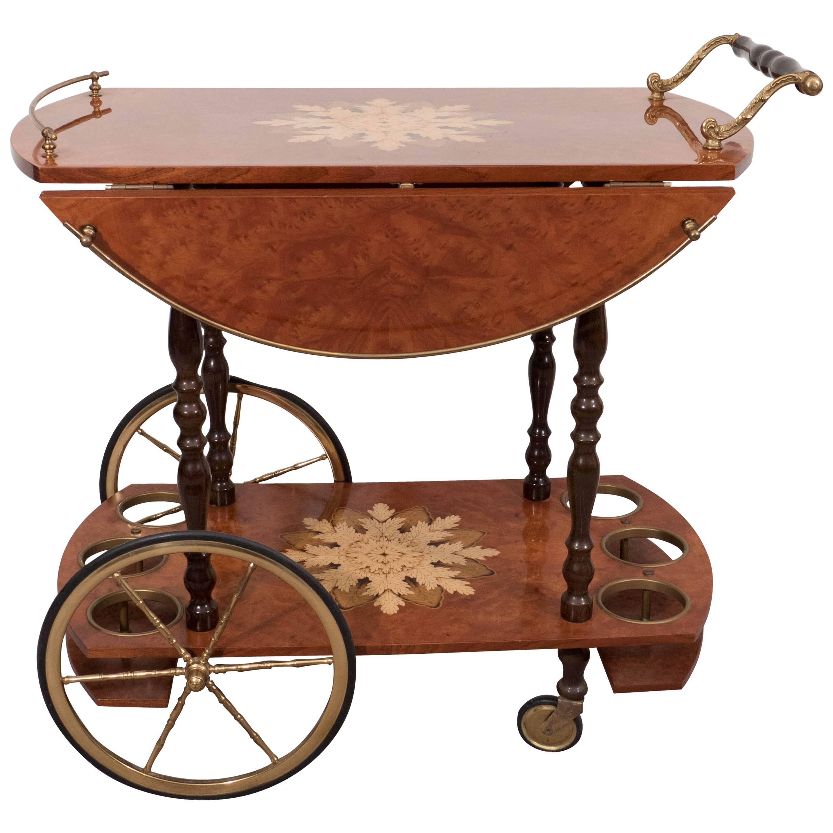 Mid-Century Italian Drop-Leaf Burl Wood Bar Cart with Floral Marquetry
