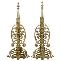 Pair of Tall and Elaborate French Gothic Revival Gilt Bronze Antique Andirons Pair of Tall and Elaborate French Gothic Revival Gilt Bronze Antique Andirons