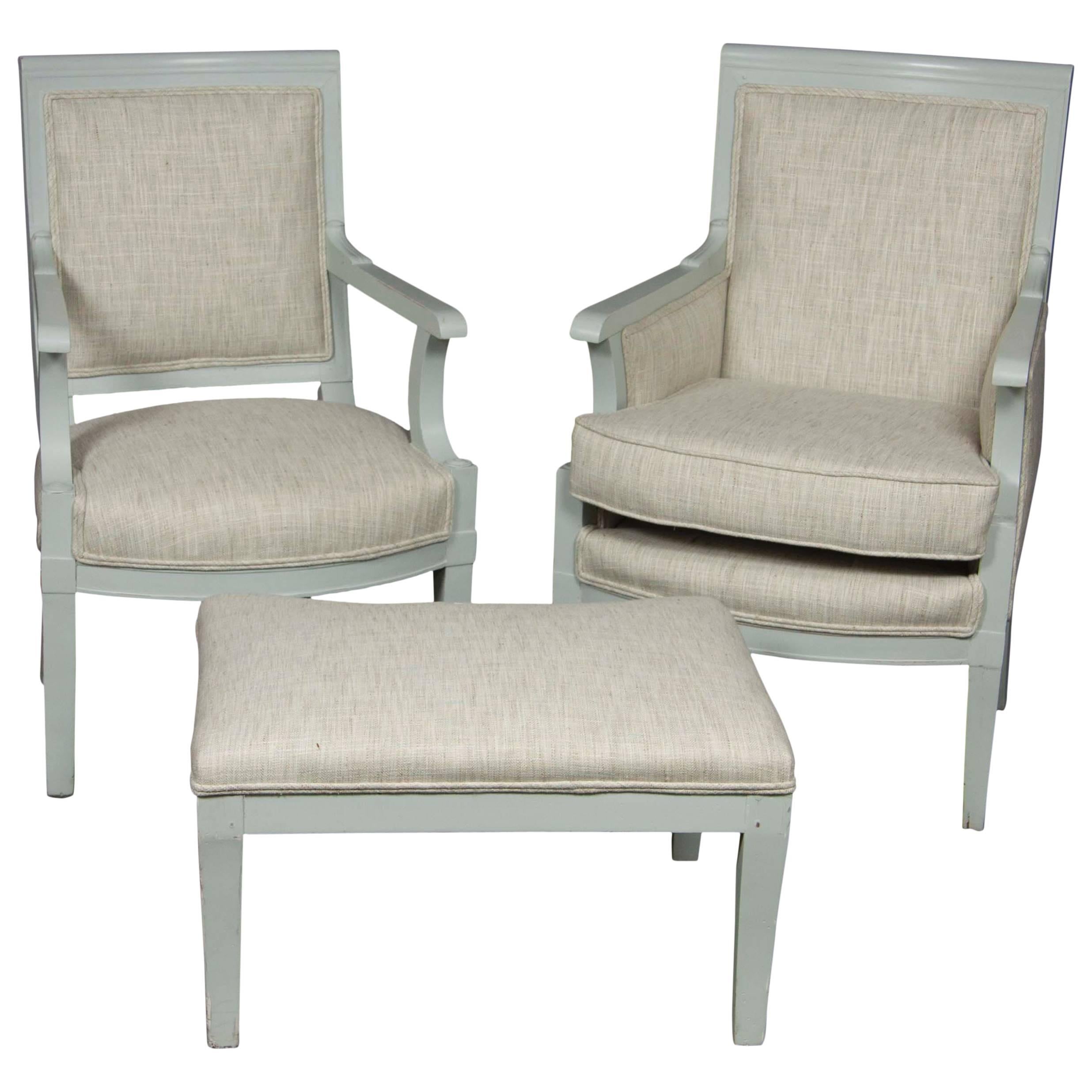 Suite of Painted Bergere, Fauteuil and Footstool
