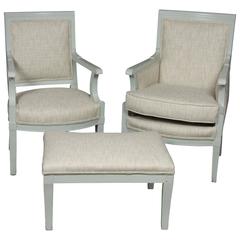 Suite of Painted Bergere, Fauteuil and Footstool