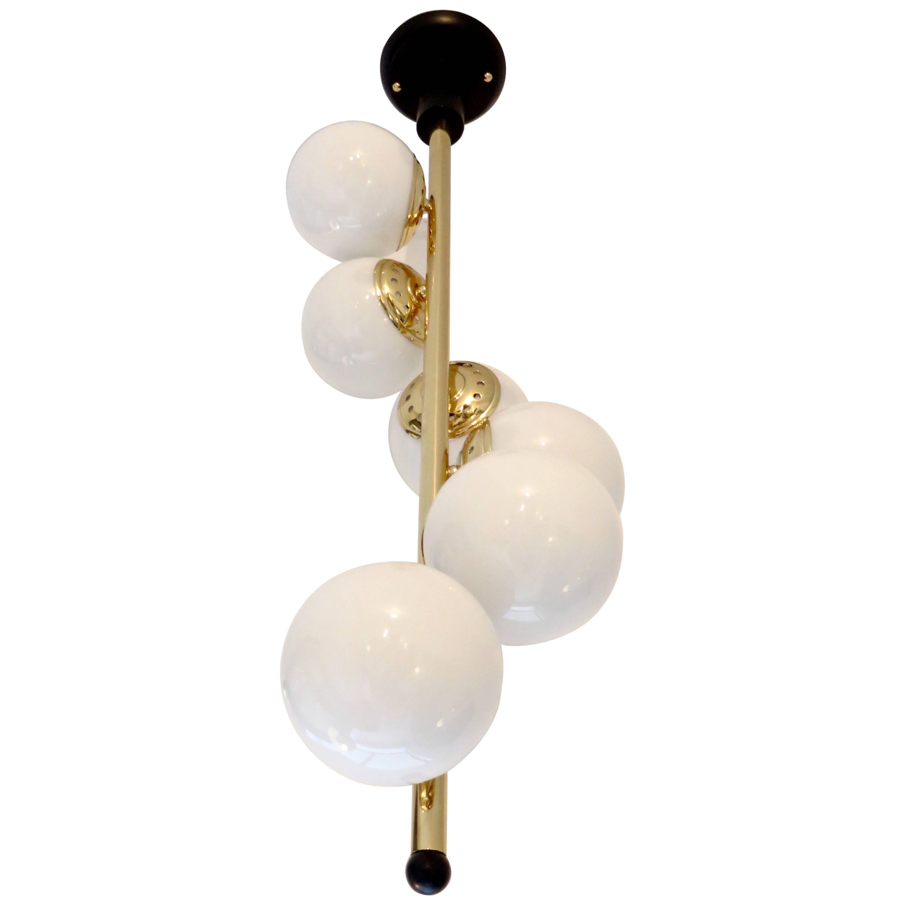 Italian Six-Light Brass and Glass Chandelier with Opaque White Globes, Stilnovo