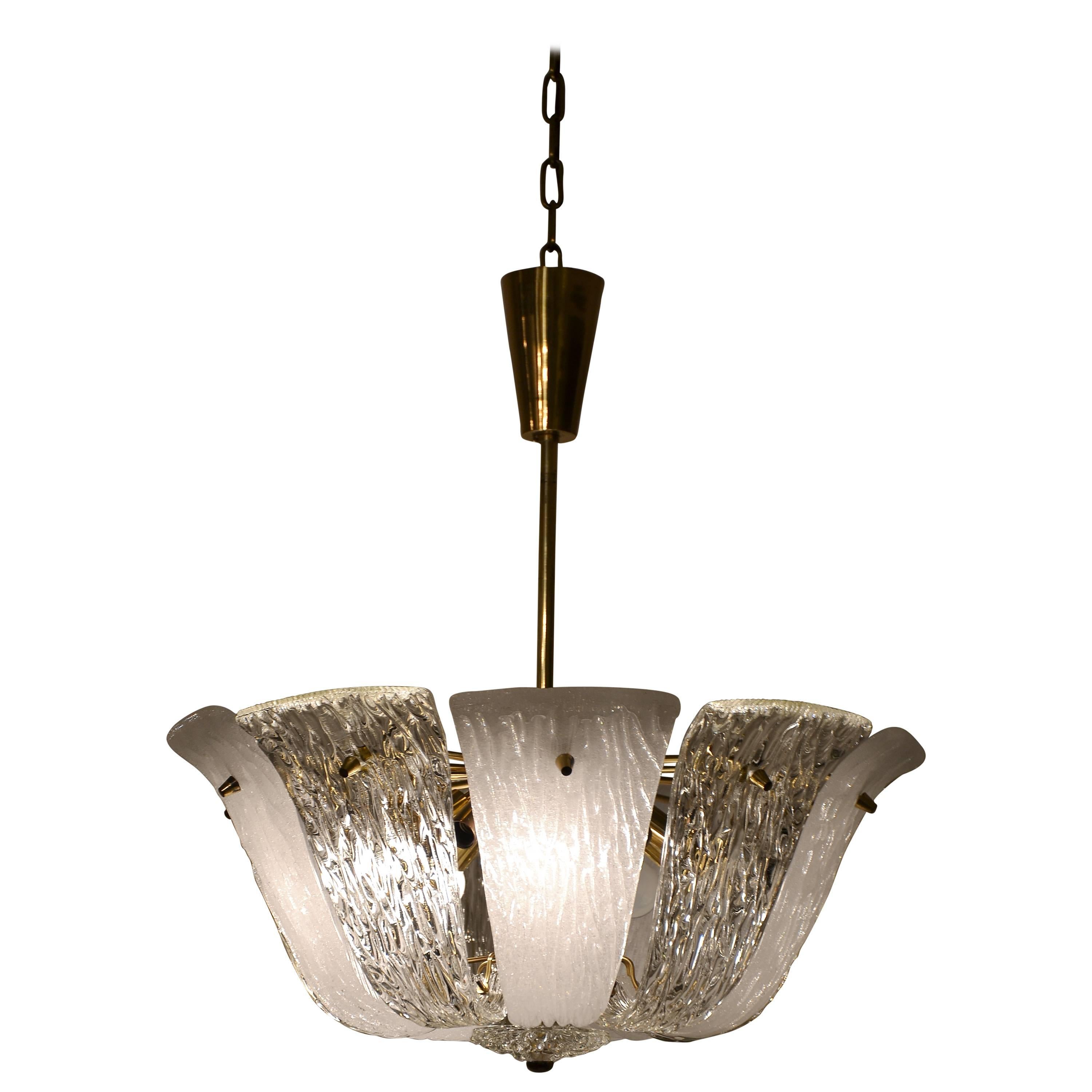 Brass and Textured Glass and Frosted Glass Chandelier by Kalmar, 1950s