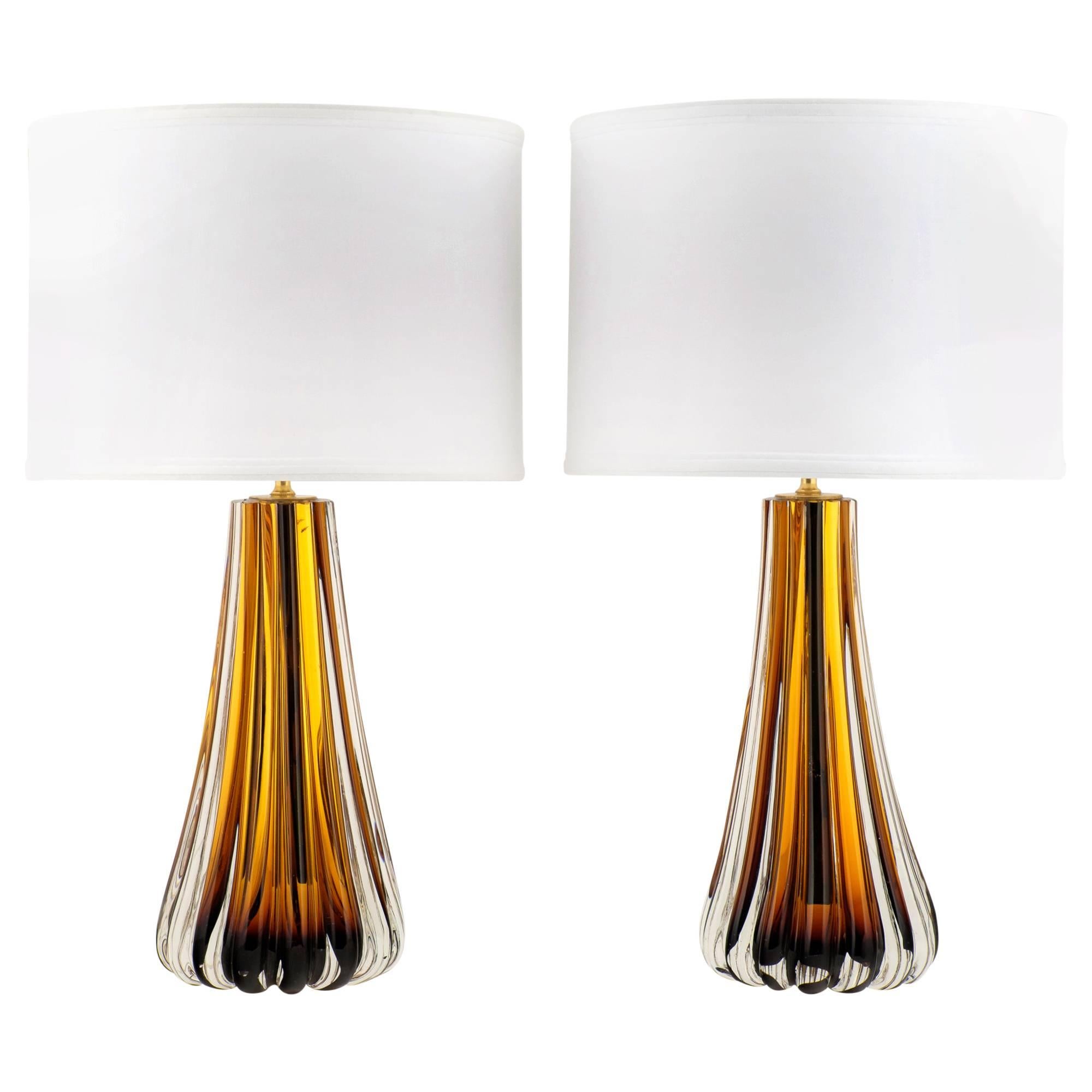 Murano Amber Glass Pair of Lamps
