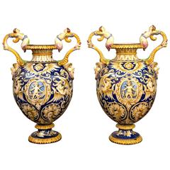 Pair of 19th Century Italian Majolica Baluster Form Urns