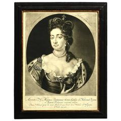 Antique Early 18th Century Engraving of Queen Anne After Godfrey Kneller