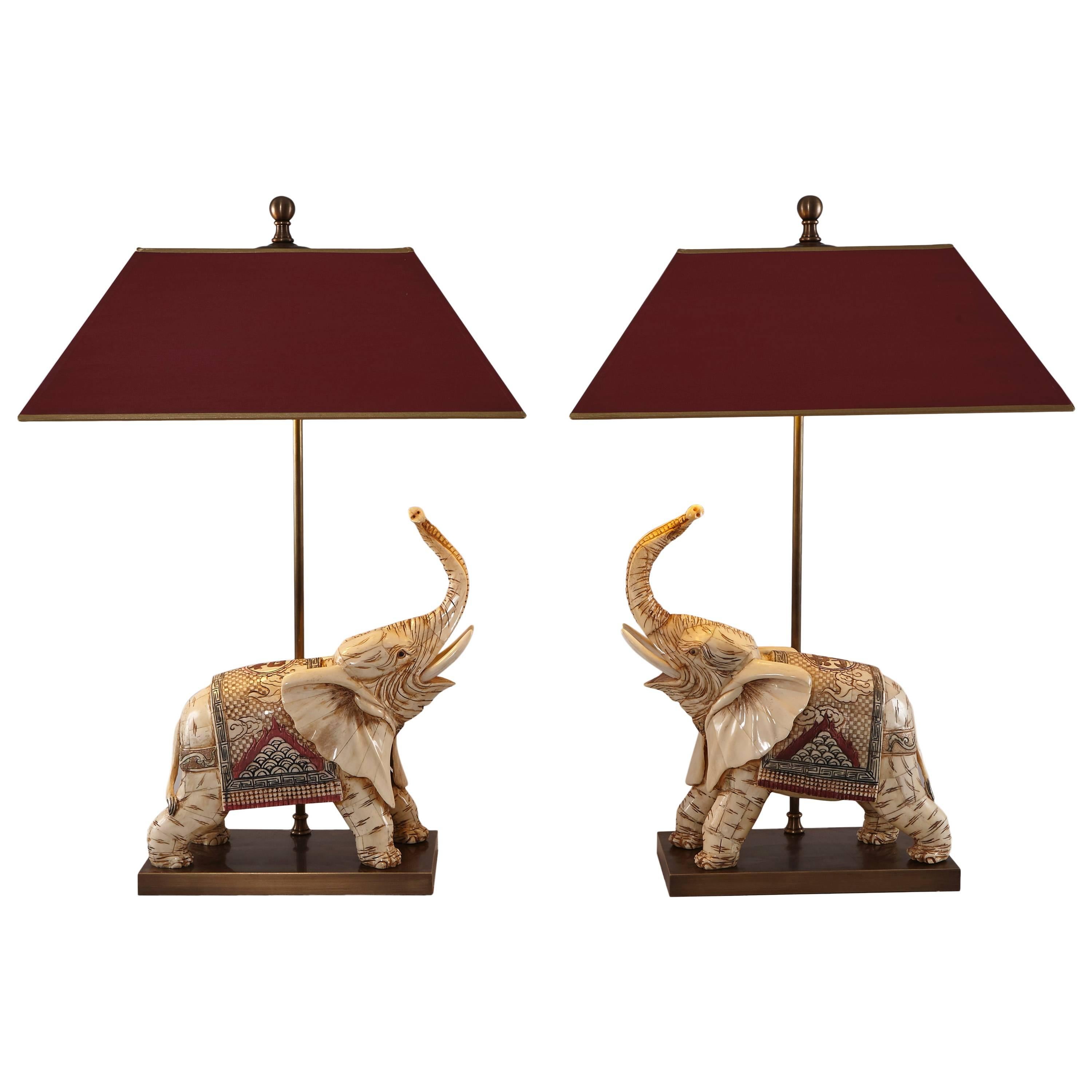 Pair of Bone Elephants as Table Lamps