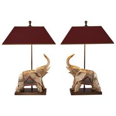 Vintage Pair of Bone Elephants as Table Lamps