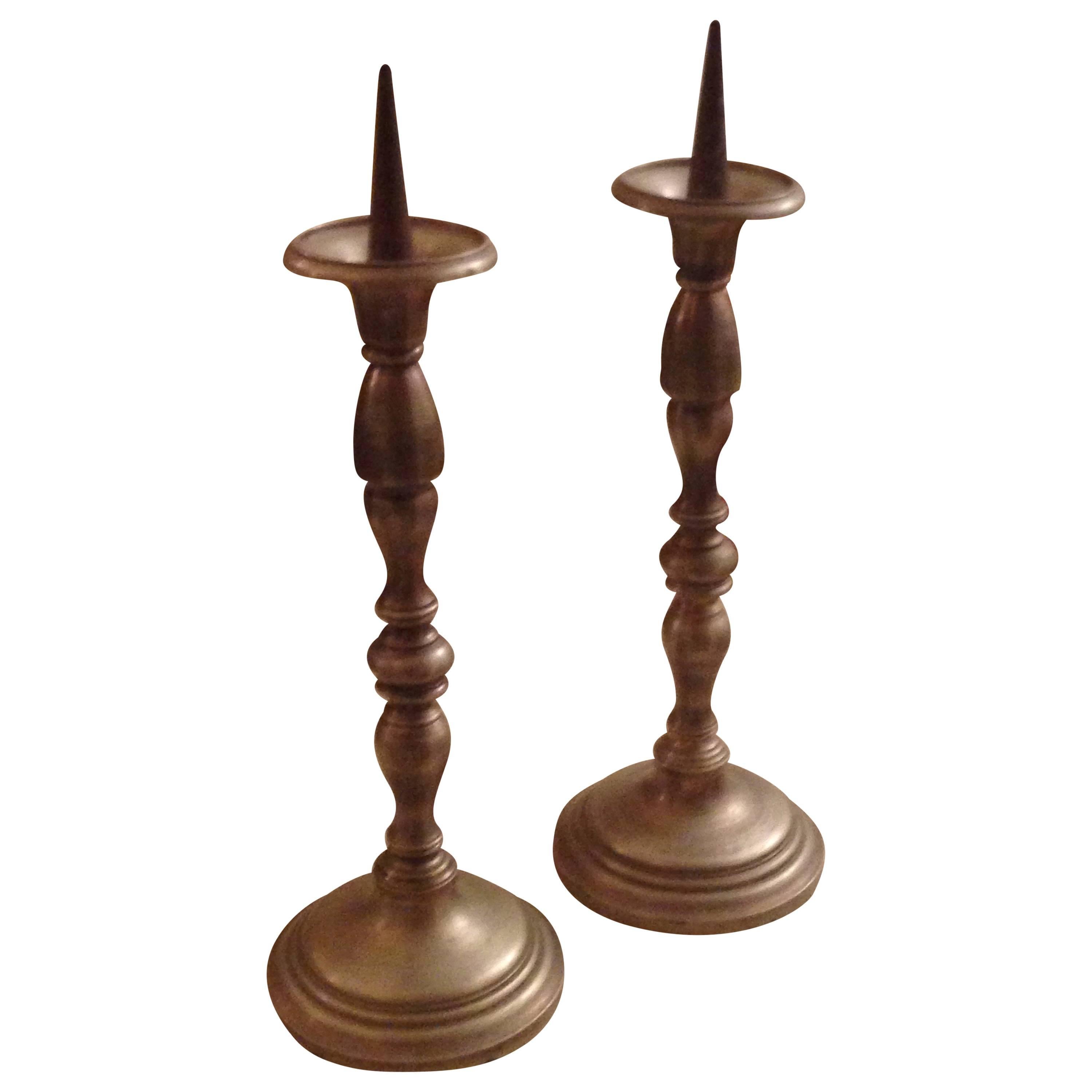 Pair of Silver Plated Bronze Pricket Candlesticks For Sale