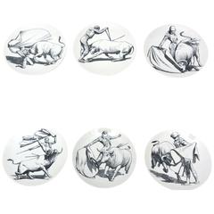 Complete Set of Six Vintage Italian Fornasetti Porcelain Bullfight Dinner Plates 1