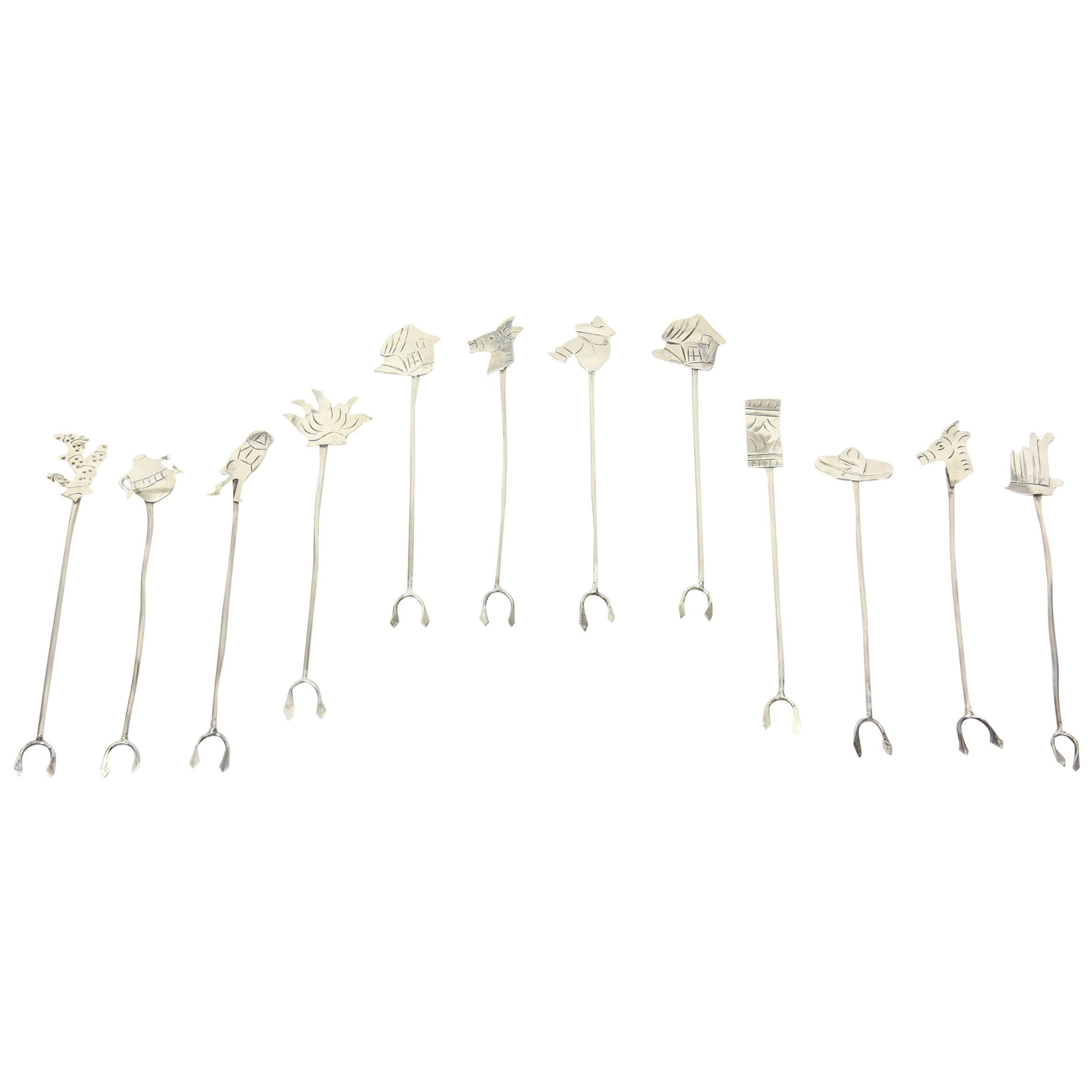 Set of 12 Mexican Silver-Plate Cocktail Forks/ Olive Picks