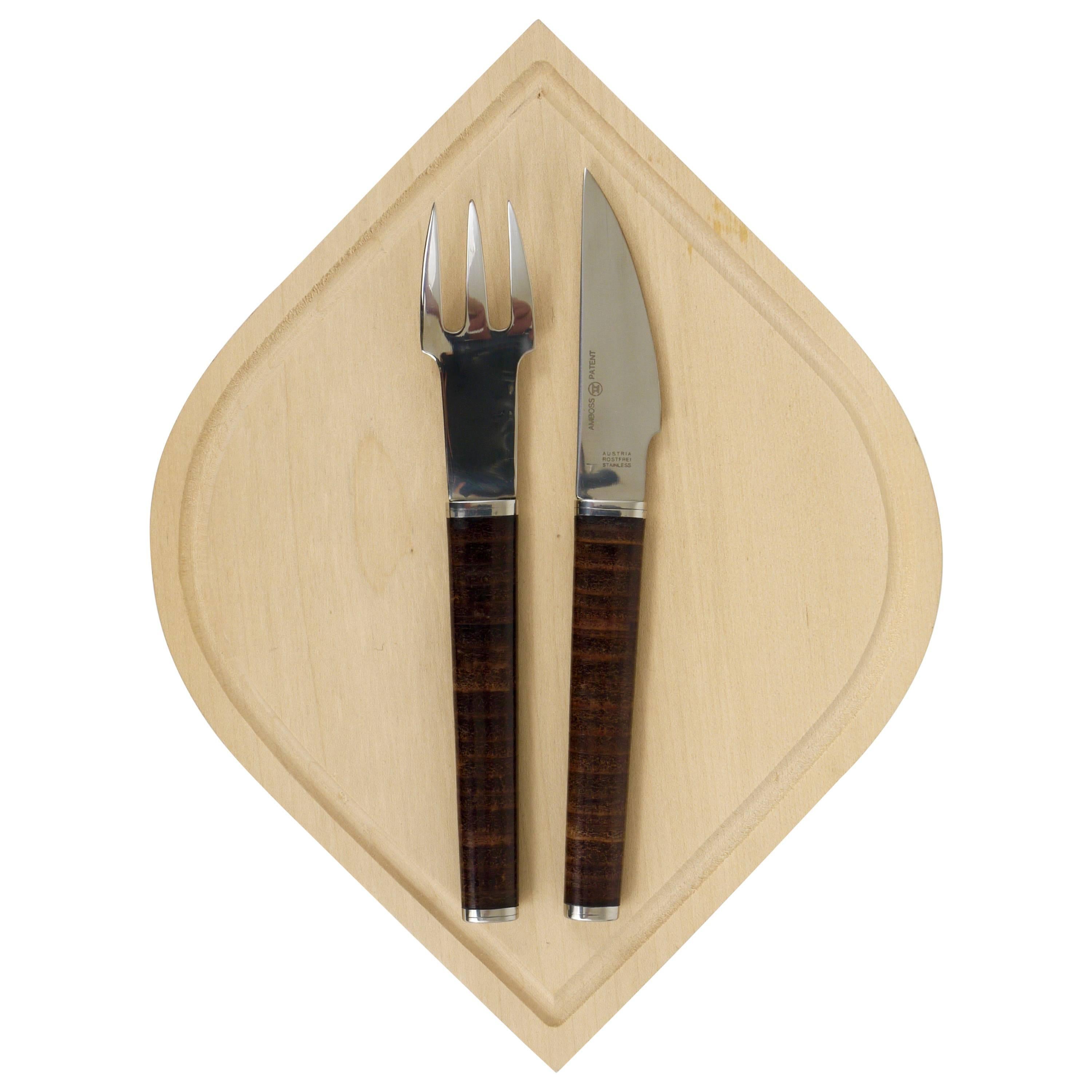 János Megyik Snack Set, couteau, fourchette et planche en Wood, Amboss Austria, 1970