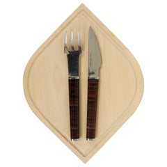 János Megyik Snack-Set, Messer, Gabel & Holzbrett, Amboss Austria, 1970er Jahre