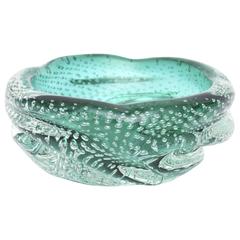 Vintage Italian Murano Bullecante Emerald and Bubbled Glass Braided Bowl