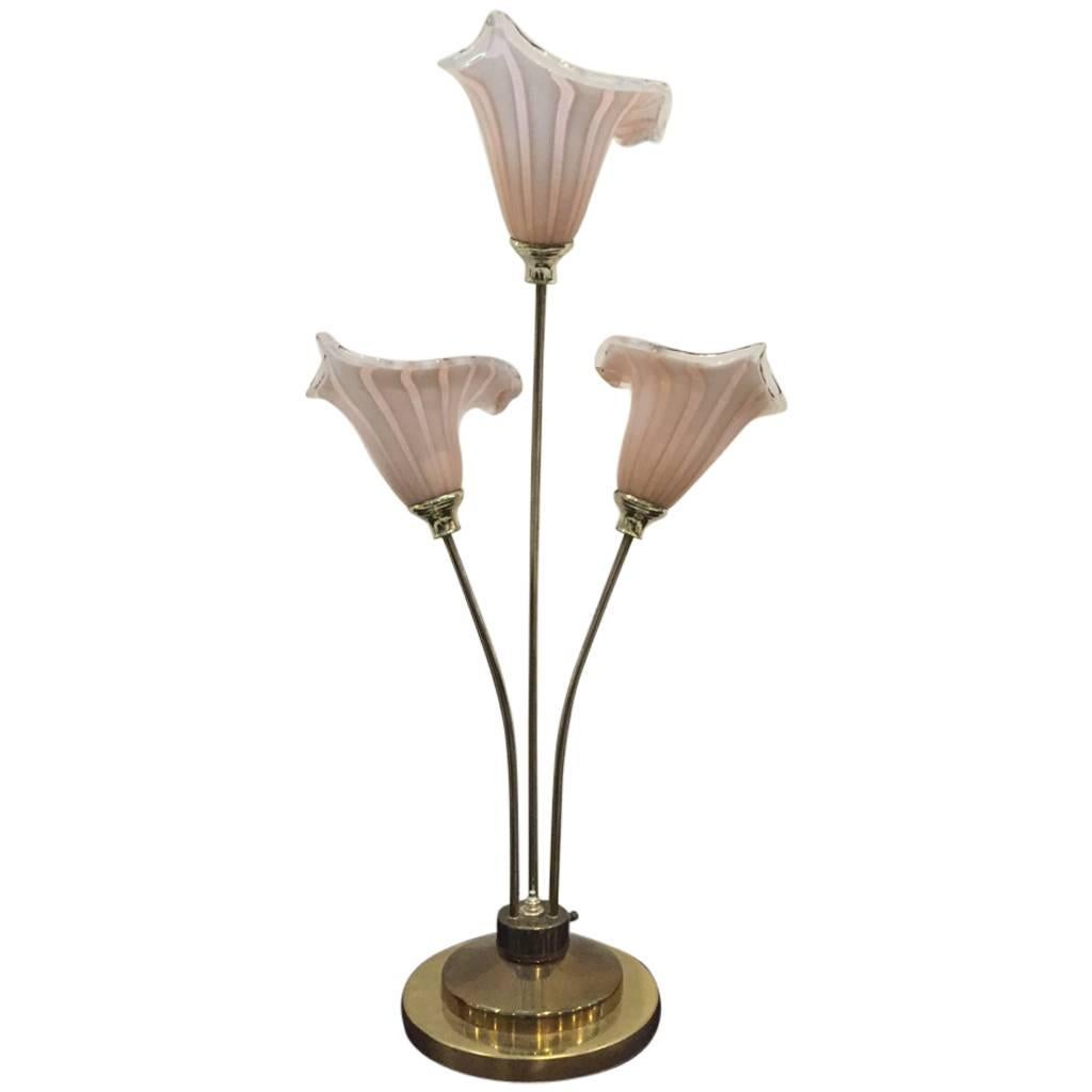 Lampe de table du milieu du siècle, soufflée à la main par Murano, avec lys de calla