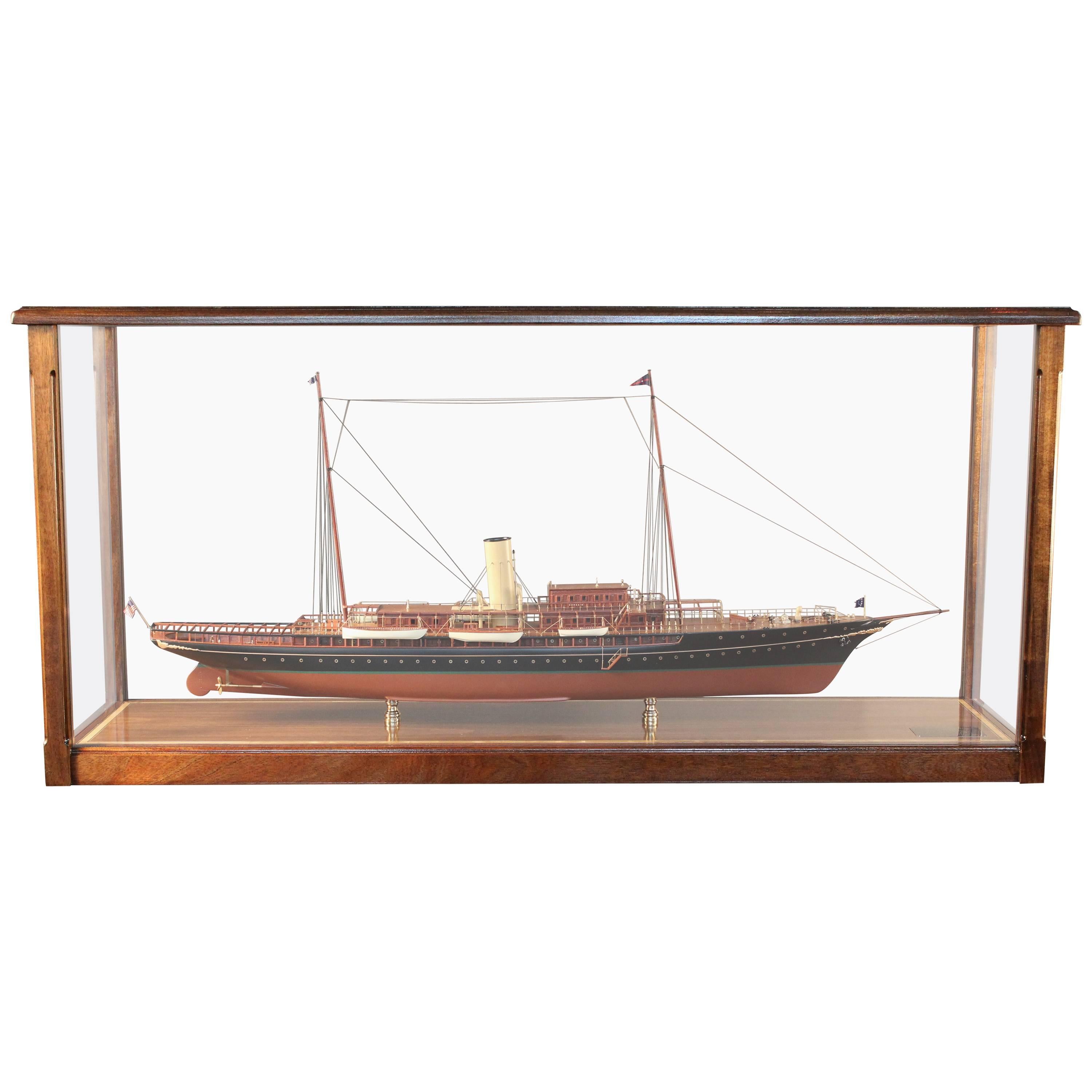 Steam Yacht "Corsair" of 1930, Ship Model in Wood Display Case with Table For Sale