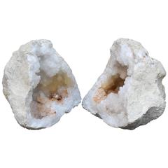 Pair of Huge Moroccan Quartz Geode Decorated with Natural Forming Baroque Pearl