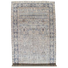 Used Persian Lavar Kerman Oriental Carpet, Handmade Persian Rug, Ivory, Blue