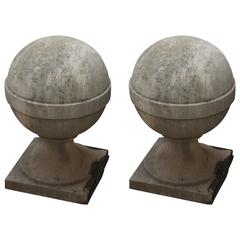 1920s New Jersey Pair of Robust Carved Limestone Sphere Finial Globes