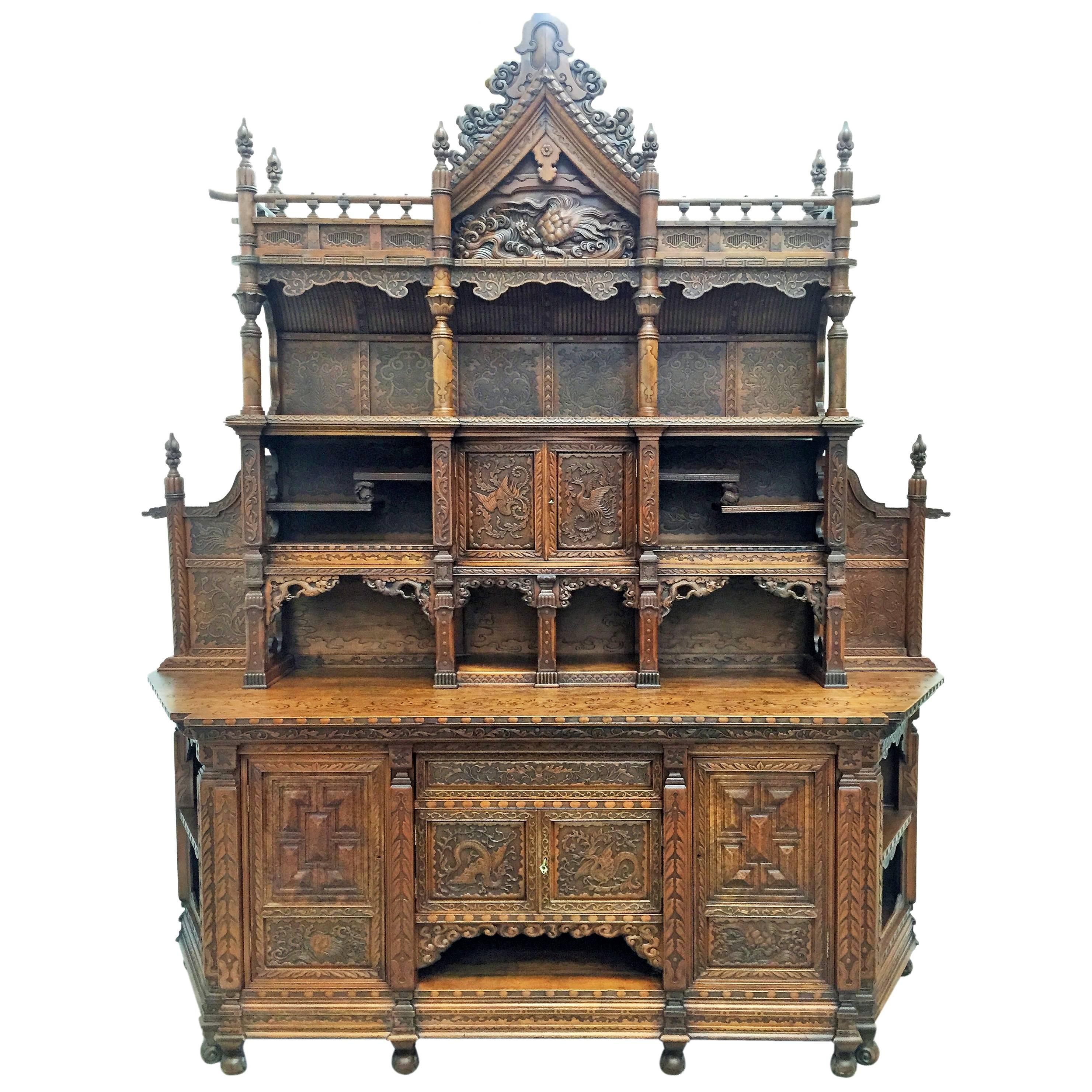 Antique Japanesse Hand-Carved Elmwood Cabinet, Sideboard, Meiji, 20th Century For Sale