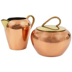 Austrian Copper and Brass Milk Creamer and Sugar Bowl with Lid, 1950s 1