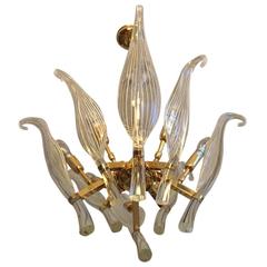Italian Seguso Murano Glass and Brass Eight-Leaf Cattail Chandelier