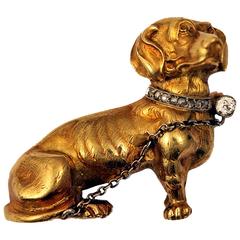 Gold Sculptured Dachshund Dog Brooch, Platinum Millegrain Collar and Lead