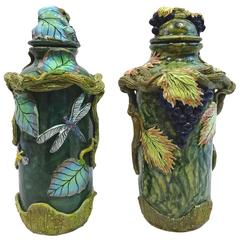 Vintage Set of Two Glazed Ceramic Jars with Lids Signed Macario