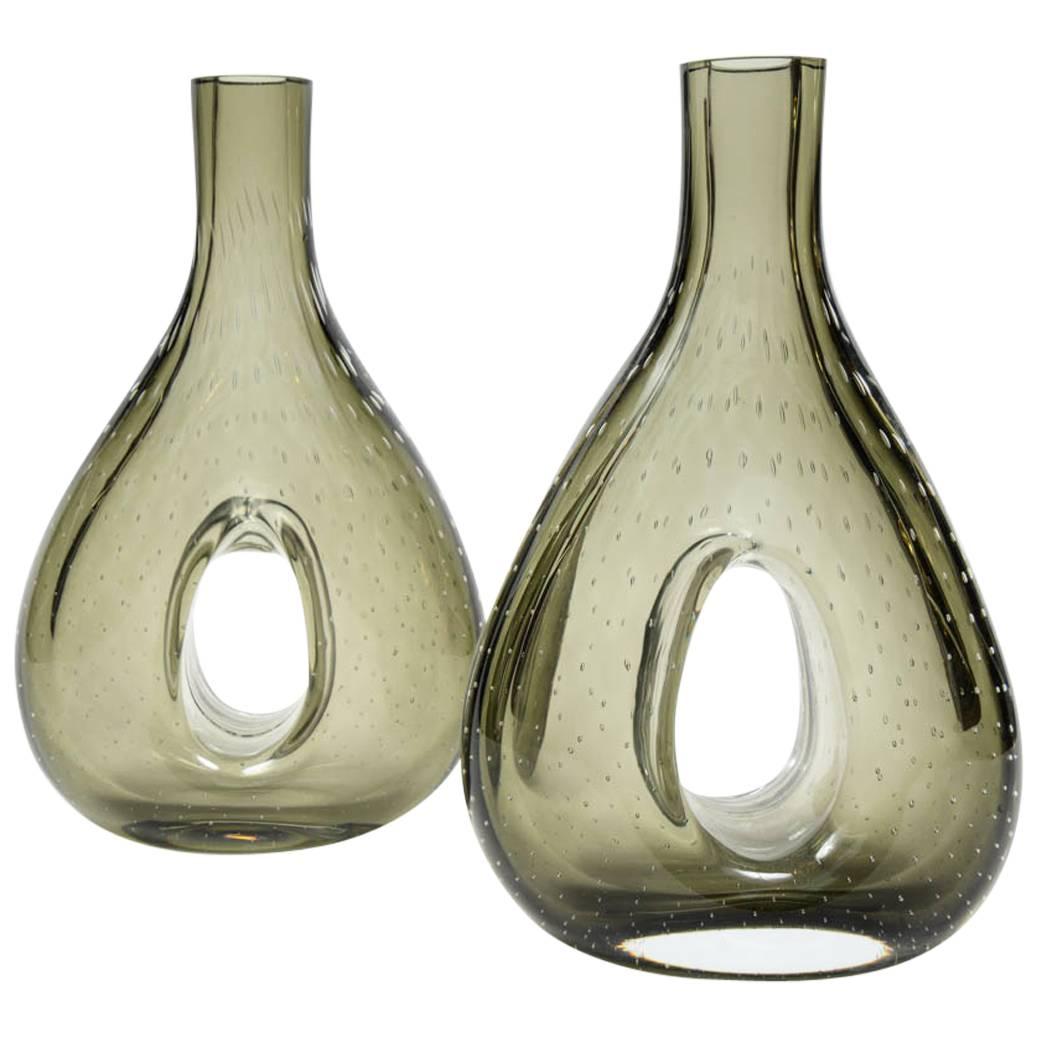 Pair of Smoked Murano Glass Vases Attributed to Venini