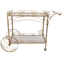 Midcentury Gilt Metal Scroll Bar Cart with Smoked Glass Shelves 12
