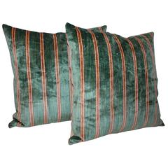 Striped Green Silk Velvet Pillows