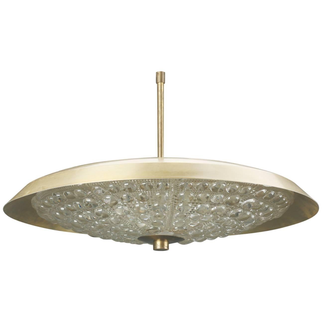 Brass and Pressed Glass Pendant Ceiling Fixture by Orrefors of Sweden For Sale
