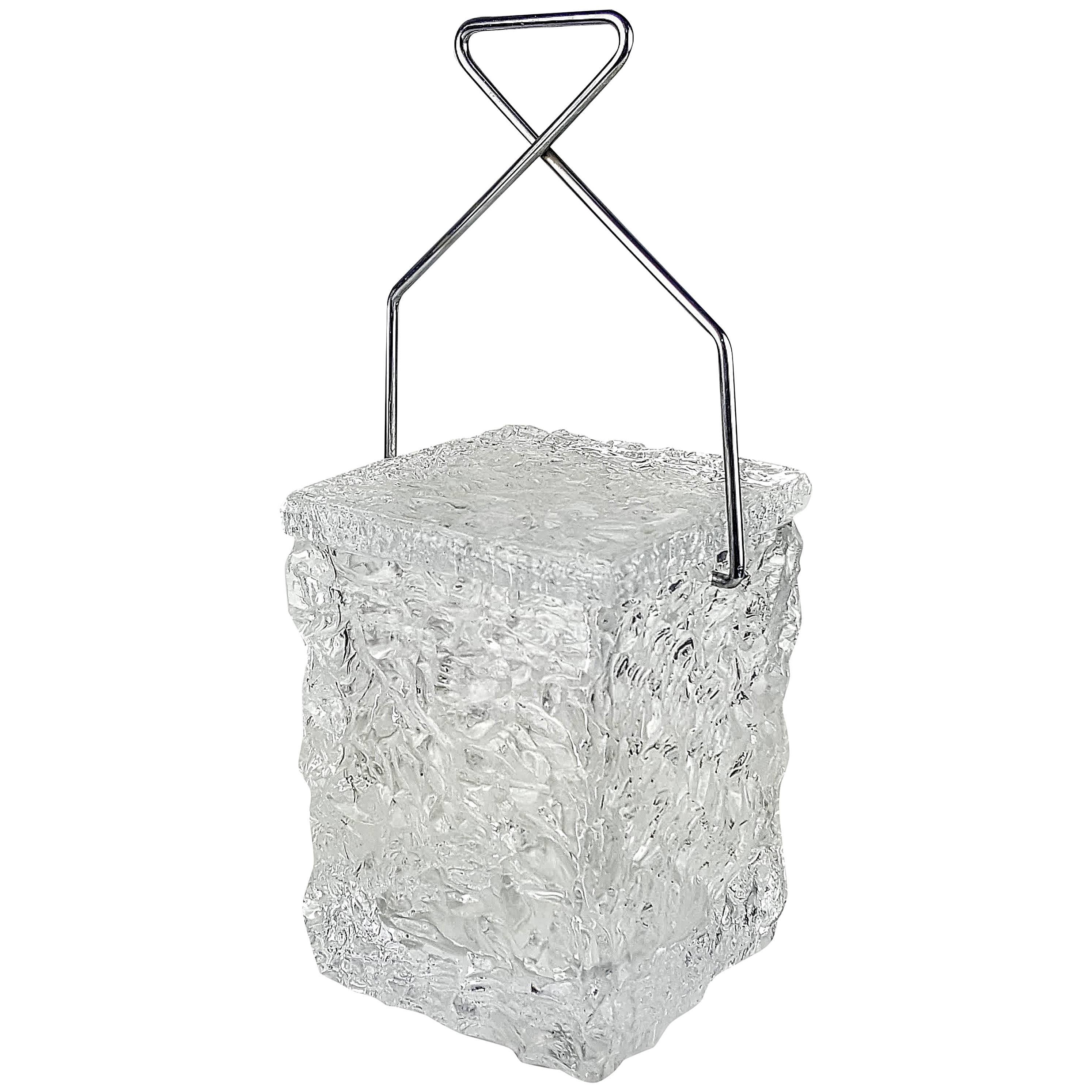 Playful "Block of Ice" Lucite Ice Bucket with Chrome Tong Handle by Wilardy