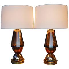 Pair Art Deco Decagonal Smoked Glass Gilded Lamps