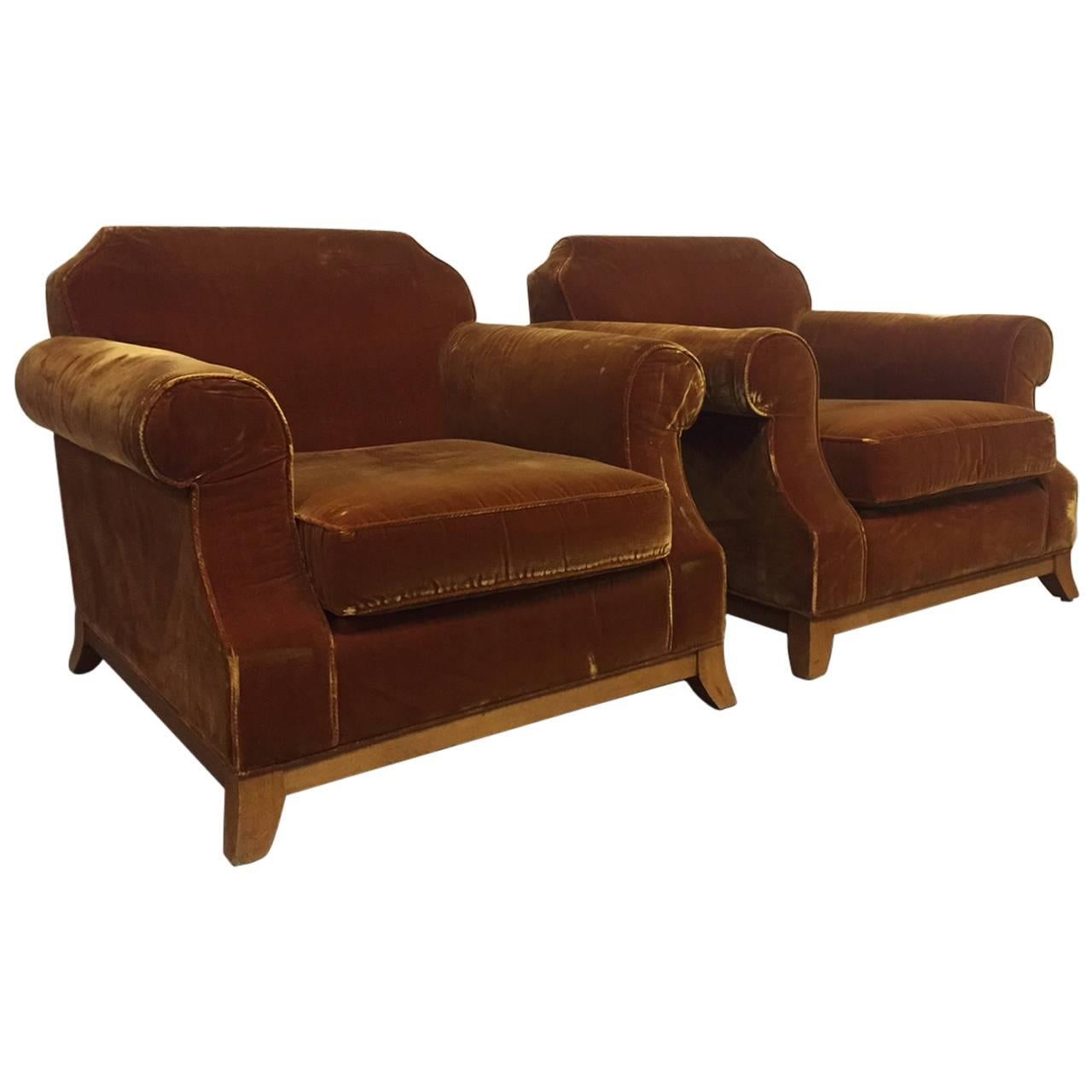 Pair of English Distressed Velvet Lounge Chairs