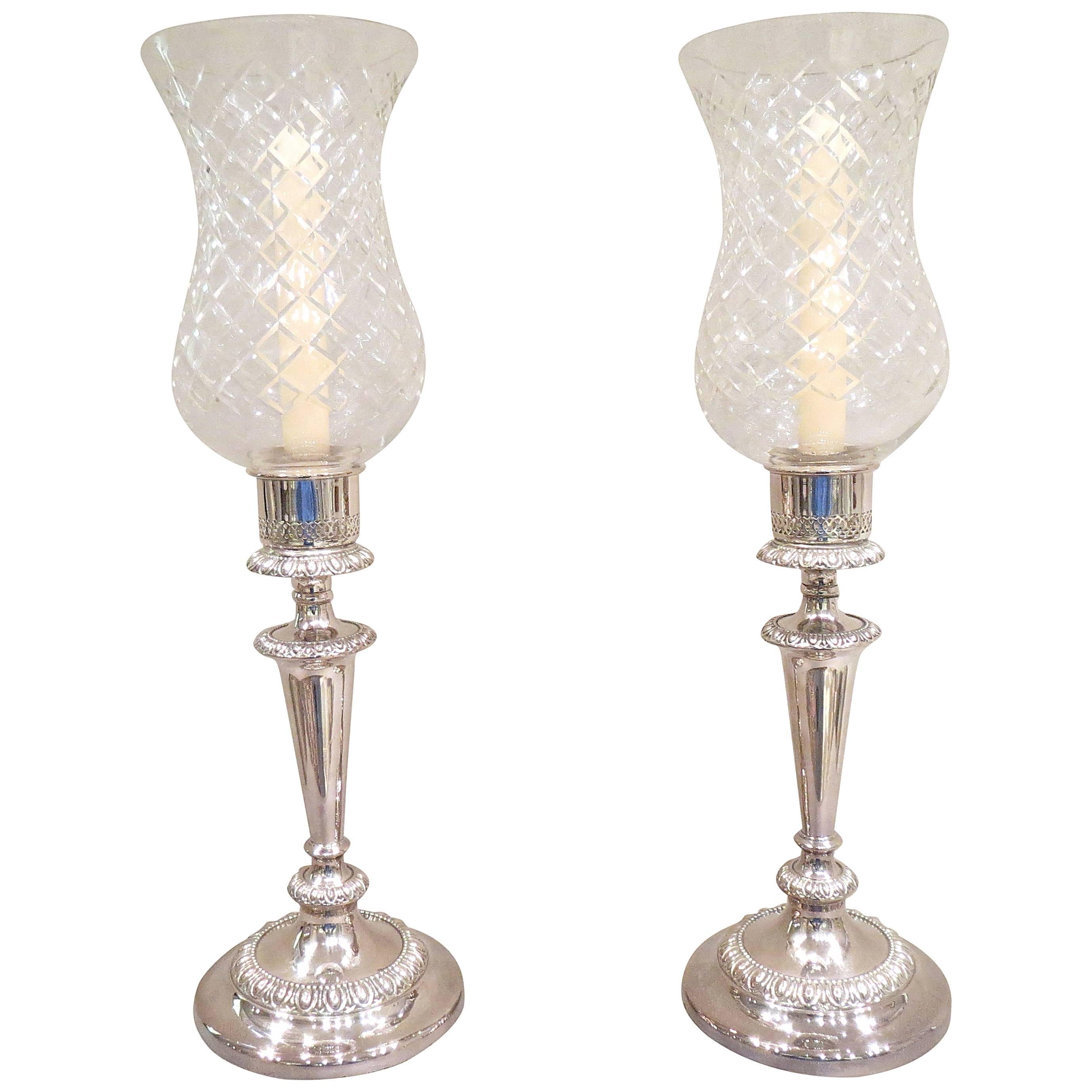 Pair of Sheffield Plate Storm Shade Candlesticks For Sale