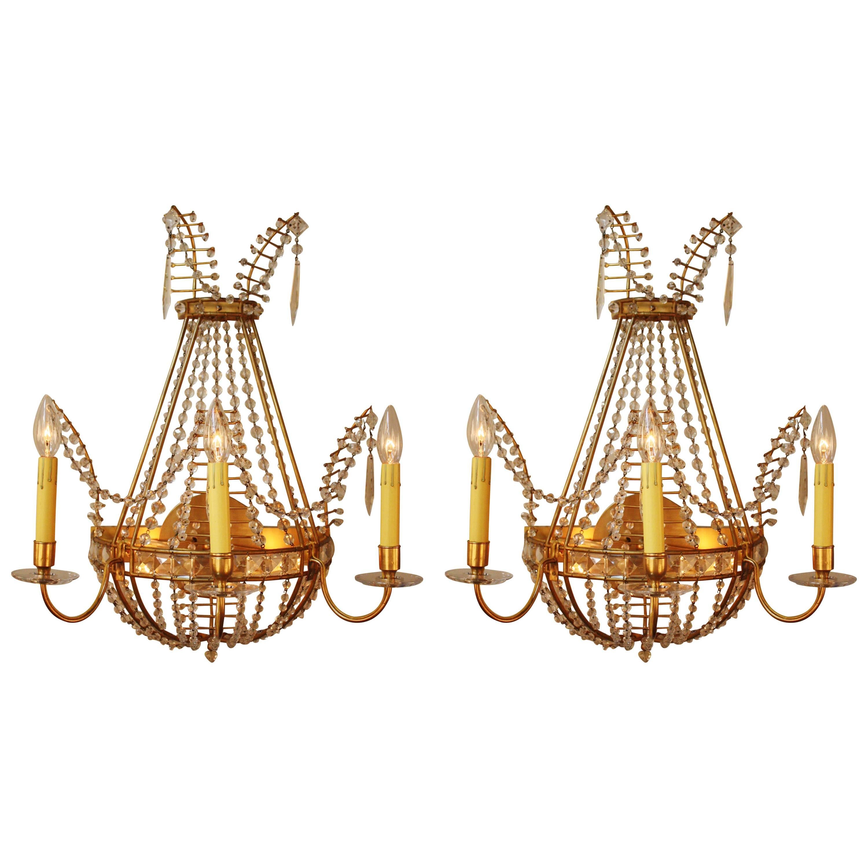 Pair Of Russian Dore Bronze And Crystal Wall Sconces