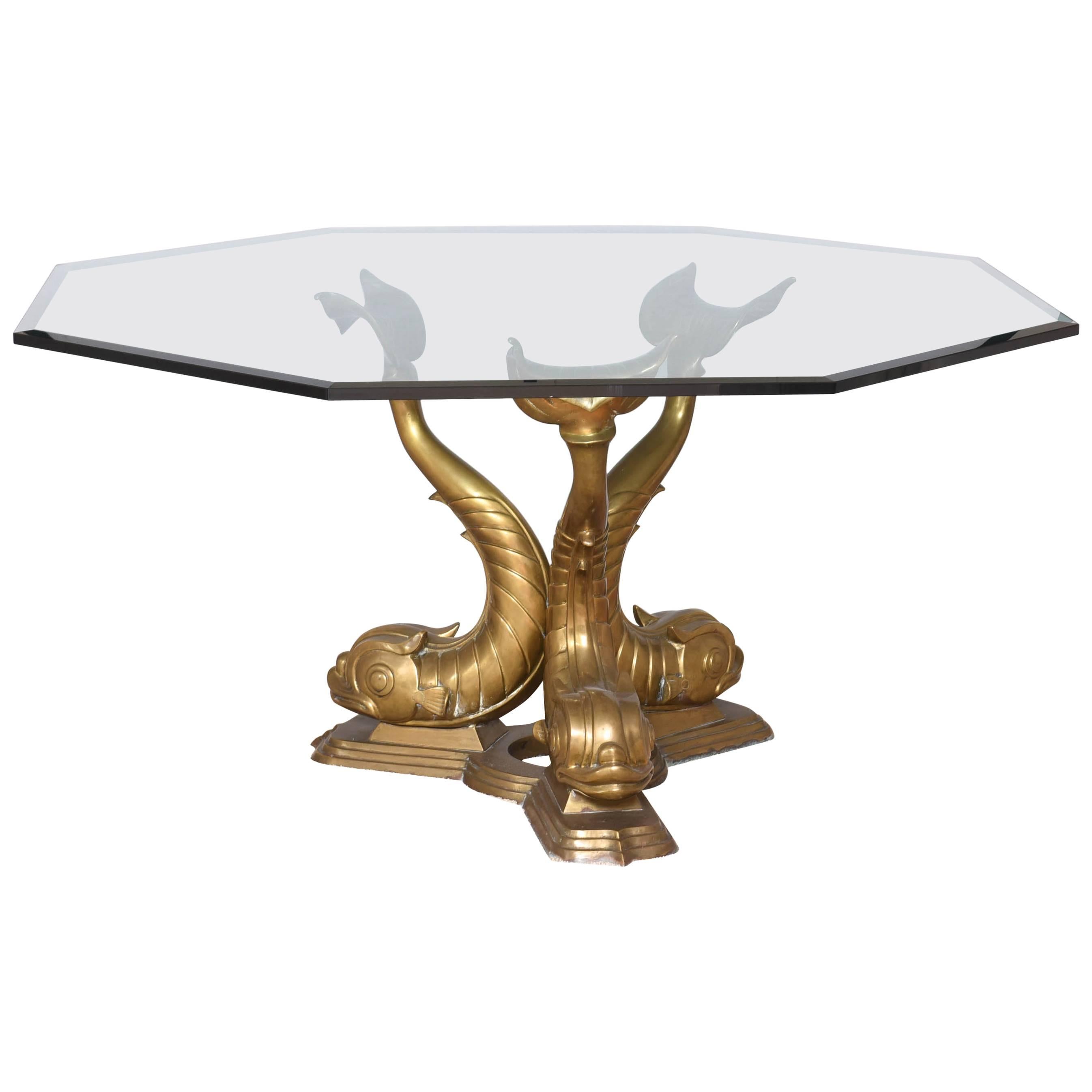 Hollywood-Regency Style Octagonal Glass Dining Table with Dolphin Base