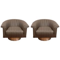 Pair of Midcentury Swivel Armchairs in Chanelled Leather on Steel Base