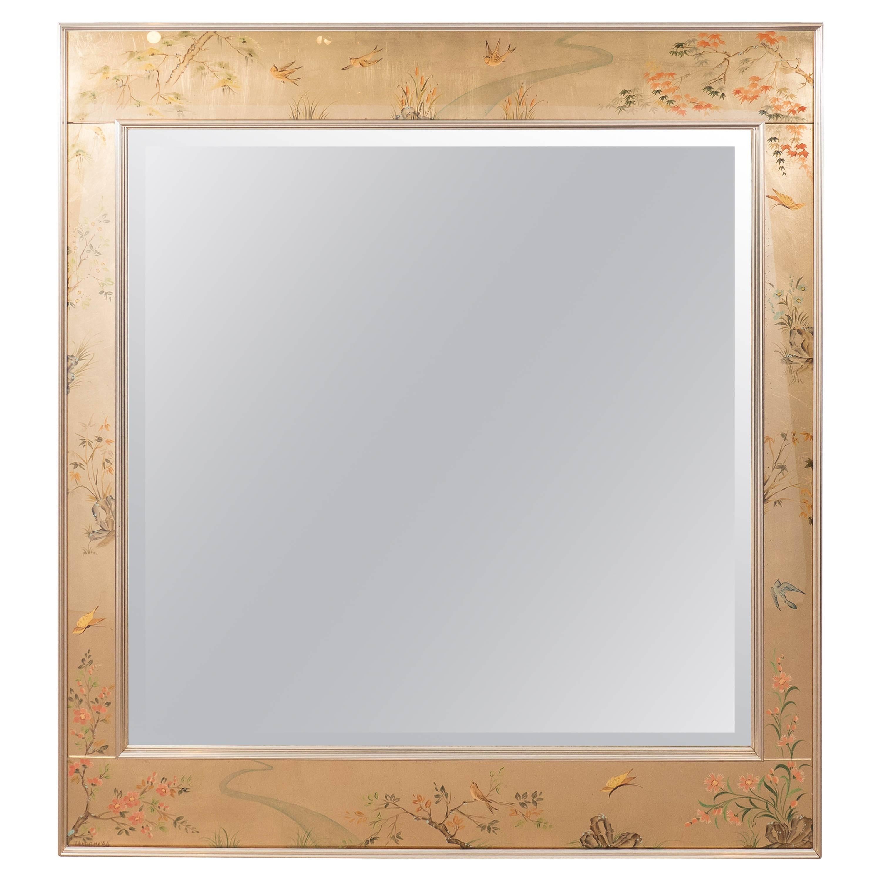 A Midcentury LaBarge Chinoiserie Hand-painted Eglomise Beveled Mirror
