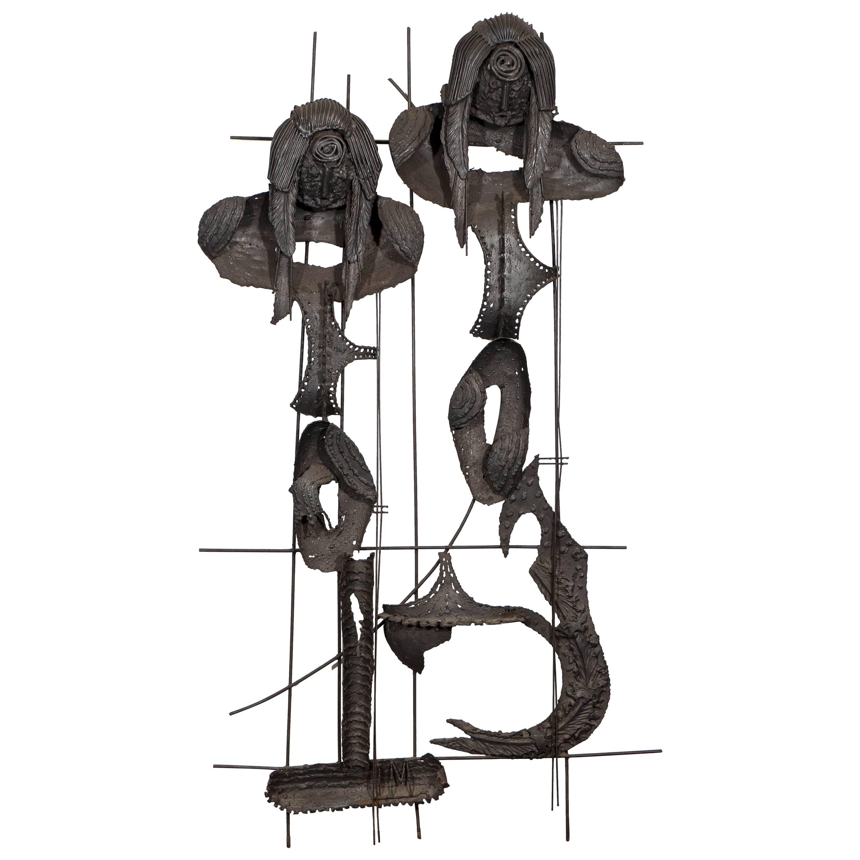 Brutalist Iron Wall Sculpture of Two Mermaids in the Style of Paul Evans For Sale