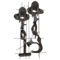 Brutalist Iron Wall Sculpture of Two Mermaids in the Style of Paul Evans 7