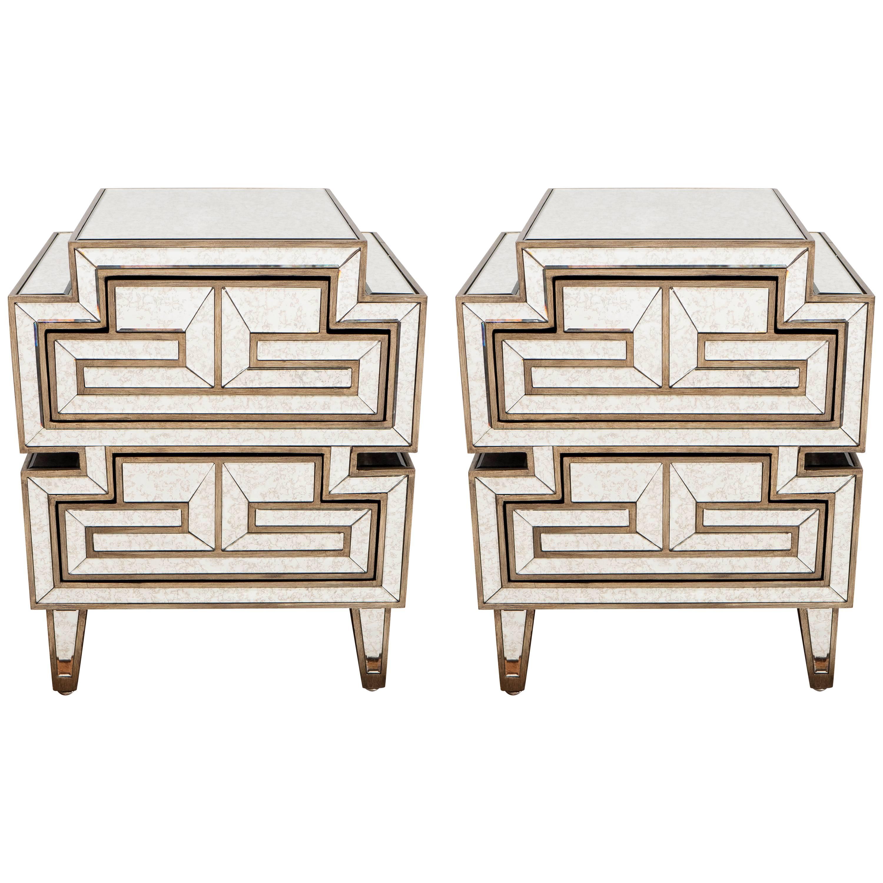 Pair of Asian Inspired Custom-Made Eglomise Side Tables and Night Stands