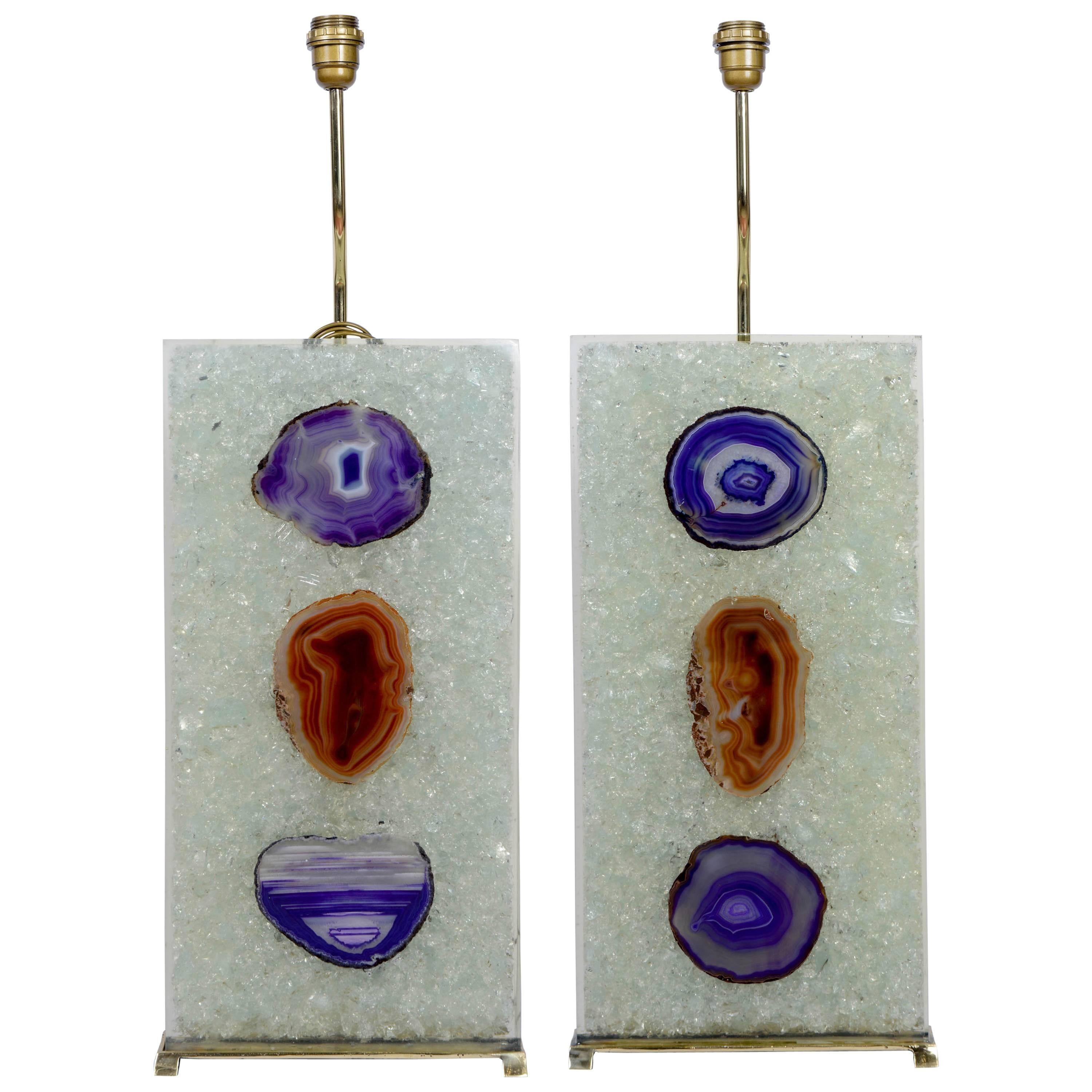 Pair of Table Lamps in Resin and Agate.