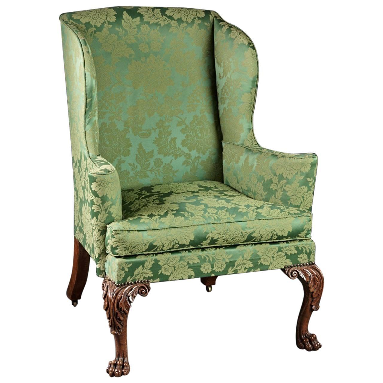 Finely Carved and Upholstered Walnut English Georgian 18th Century Wing Chair