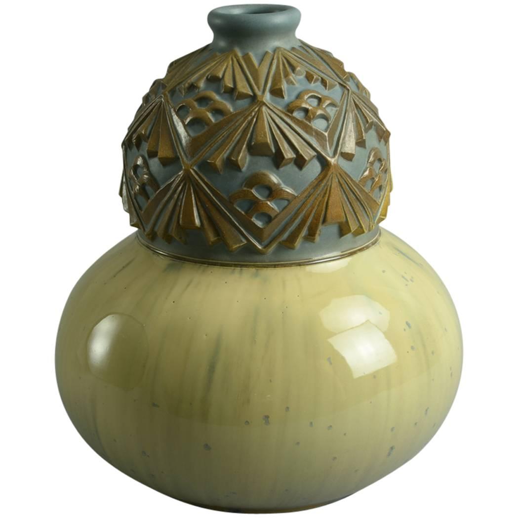 Hand-Carved Stoneware Vase by Joseph Mougin For Sale