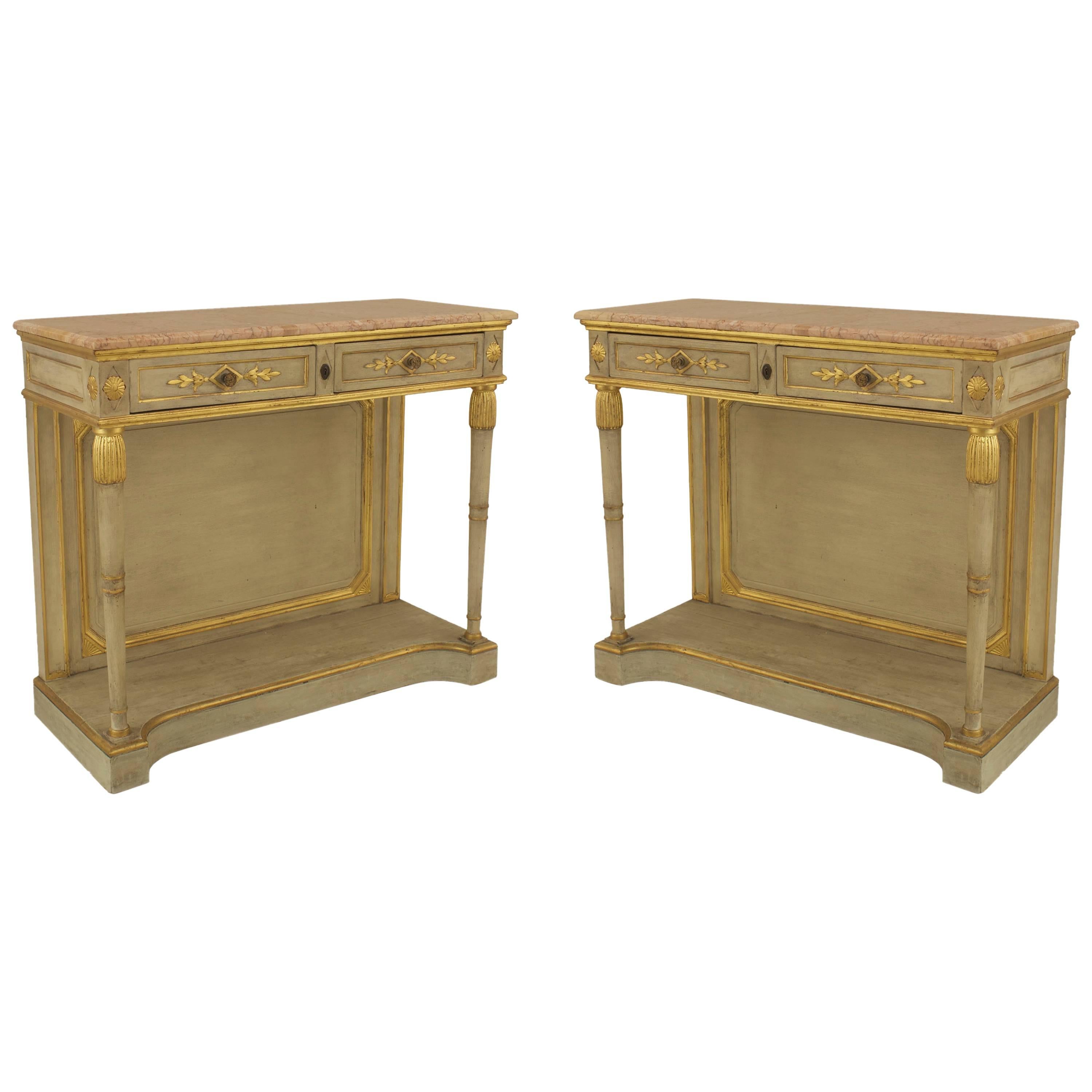 Pair of Neoclassical Parcel-Gilt Cream-Painted Consoles by Jansen