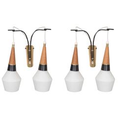 Pair of Stilnovo Style Sconces with Dual Milk Glass Shades with Rosewood Accents