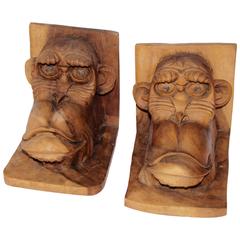 Whimisical Hand Carved Monkey Bookends
