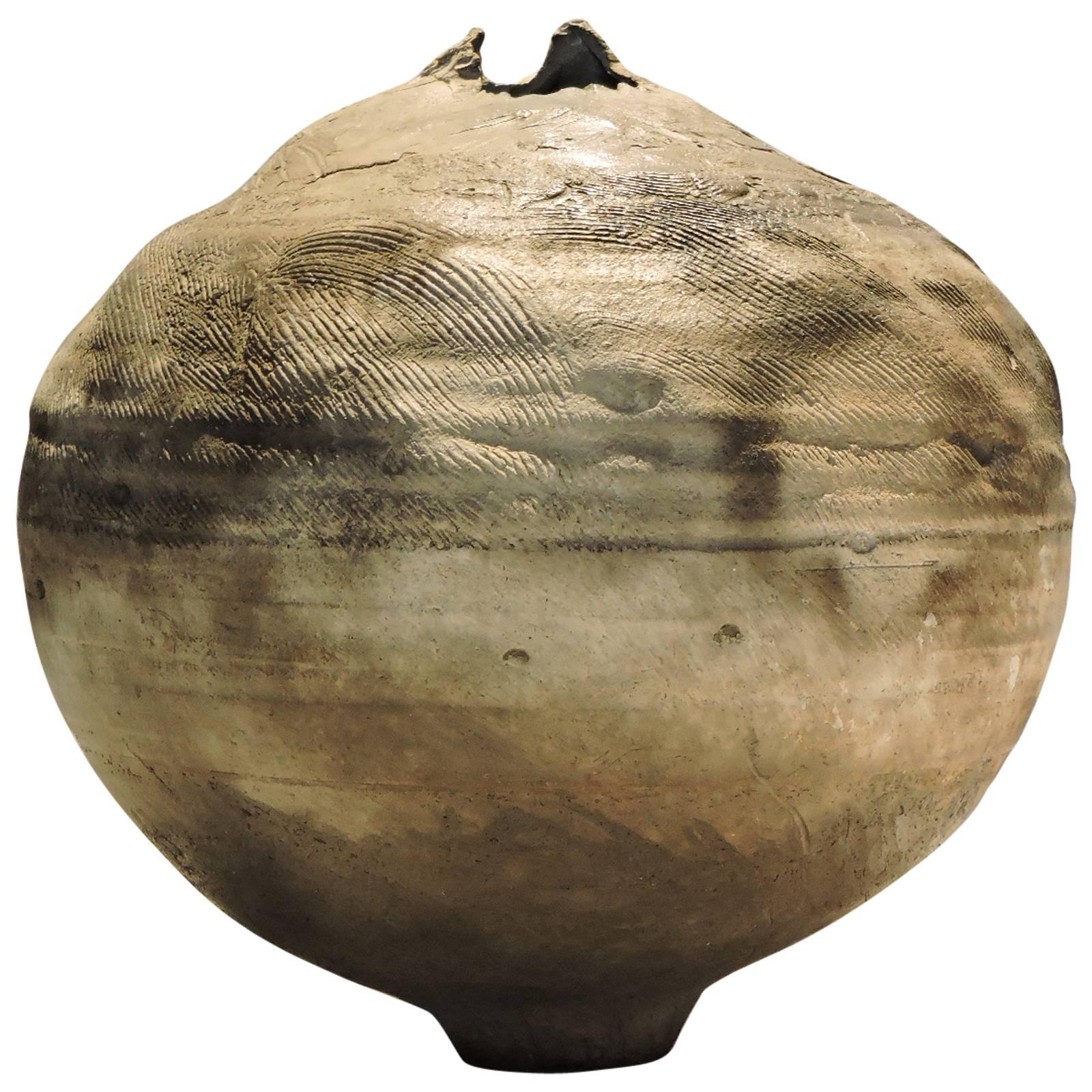 Large Organic Raku Pottery Ovoid Vessel